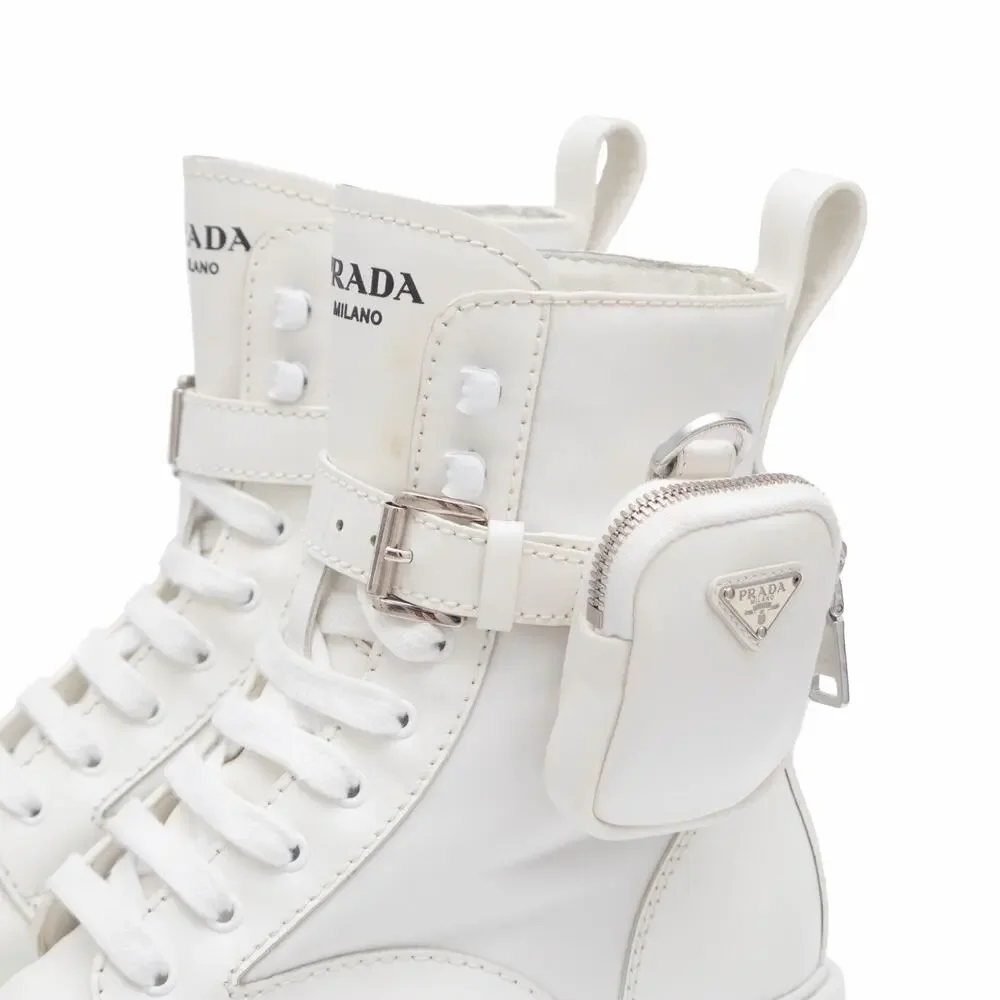 1.9k.$ Prada Men’s Monolith Pouch Combat Boots White Leather Nylon US 10.5